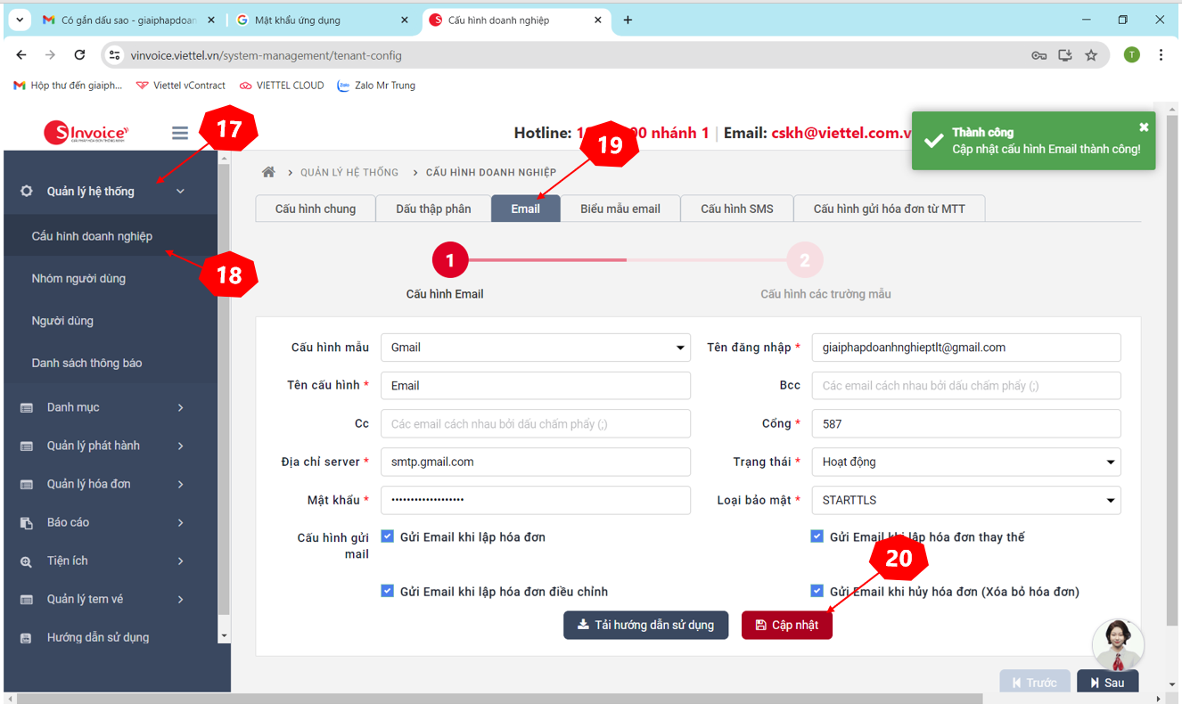 Cấu hình email hóa đơn điện tử Viettel