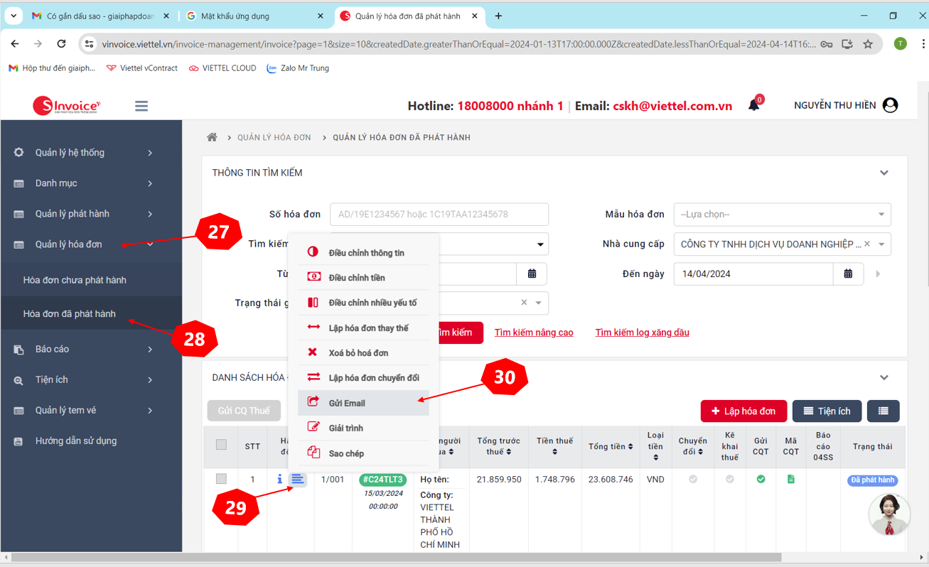 Gửi thử hóa đơn qua email để test cấu hình thành công hay thất bại