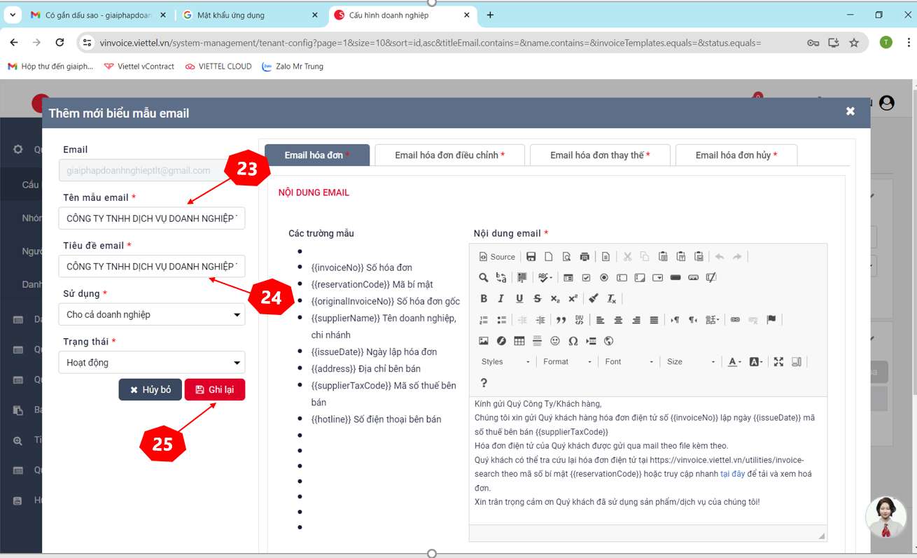 Thiết lập mẫu email hóa đơn điện tử Viettel