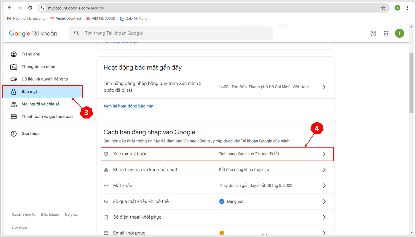 Bật tính năng xác minh 2 bước của Email